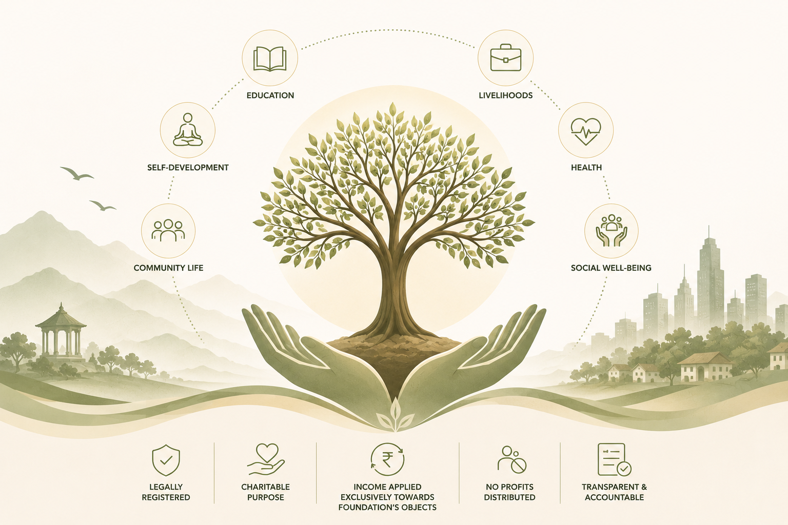 An infographic illustration showing the foundation's purpose, focus areas, and legal commitments.