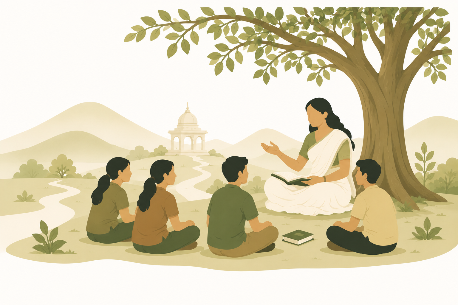 An illustration of a teacher sharing knowledge with students under a tree.